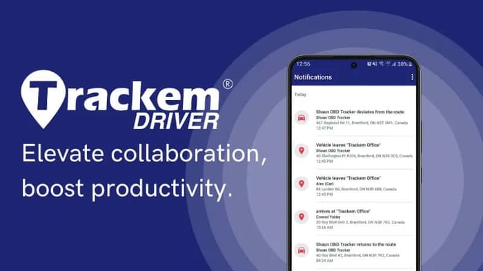 Trackem Driver app preview image with smart phone featuring the notification system.