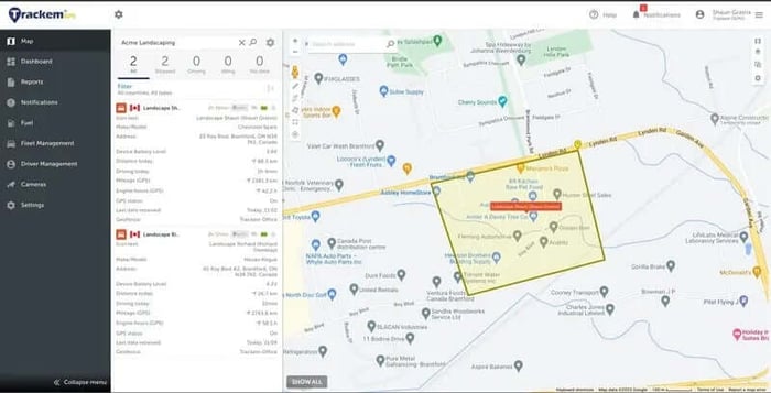 Trackem GPS desktop webpage app, displaying the map view on the homepage.