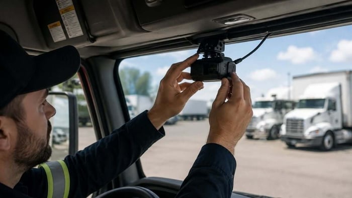 Man installing trackem GPS Dashcam into semi truck