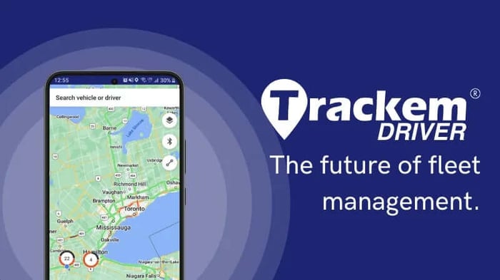 Trackem Driver app preview image with smart phone featuring the map system.
