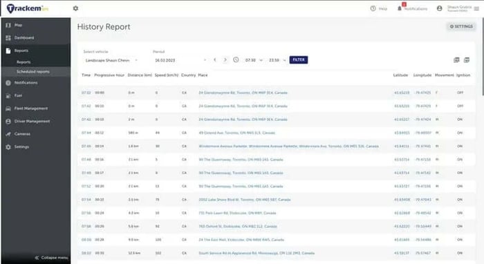 Trackem GPS desktop webpage, history report page.