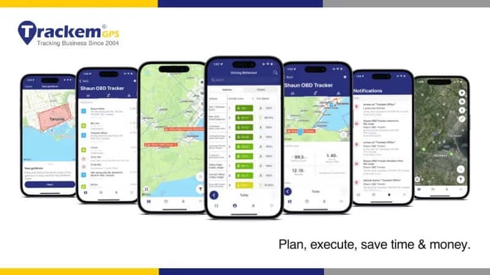 Trackem GPS tracking app, showing full array of functions and features on iPhone or smartphone. 