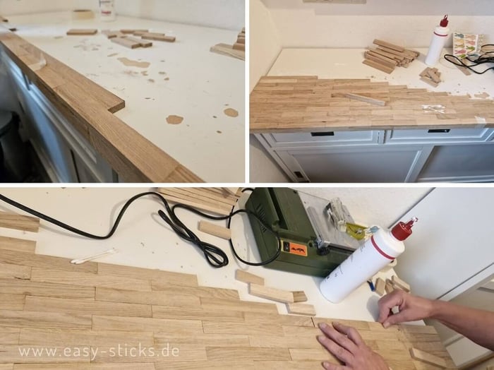 Fortschritt beim Kleben der Arbeitsplatte aus Easy-Sticks