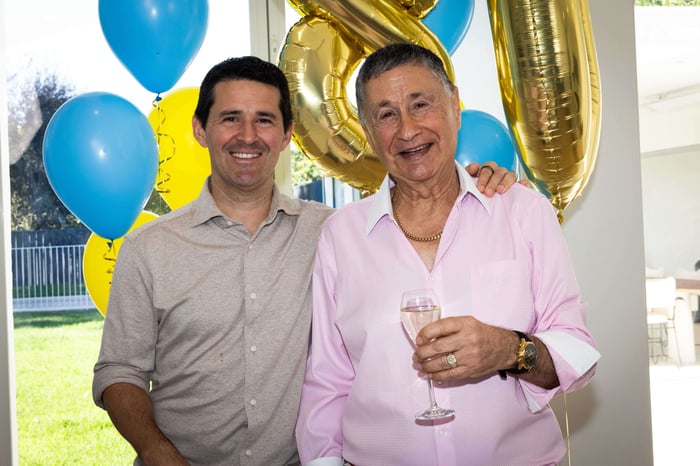 Toby and Albert Bensimon celebrate Shiels' 80th birthday