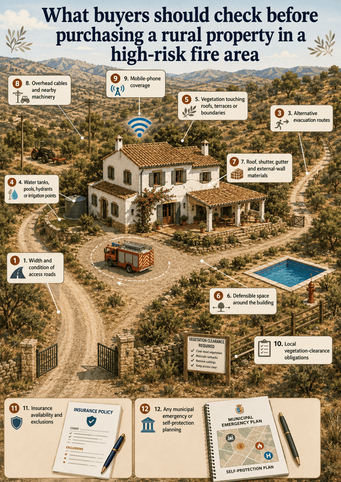 Infographic showing what prospective property buyers should check when evaluating a property's risk to wildfires in Spain.