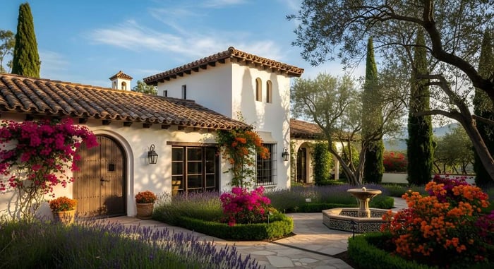 Ai generated image of a garden at a country house in Spain.