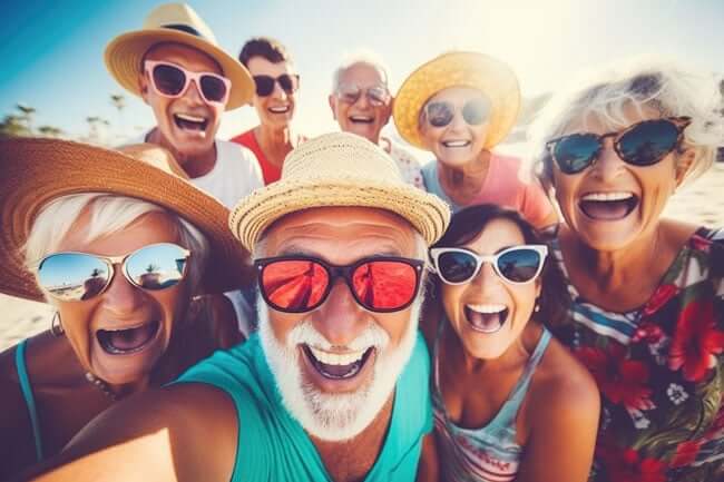 Selfi photo of retired British people at the beach in Spain