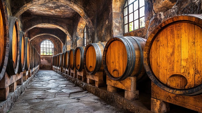 sherry maturing in oak barrels