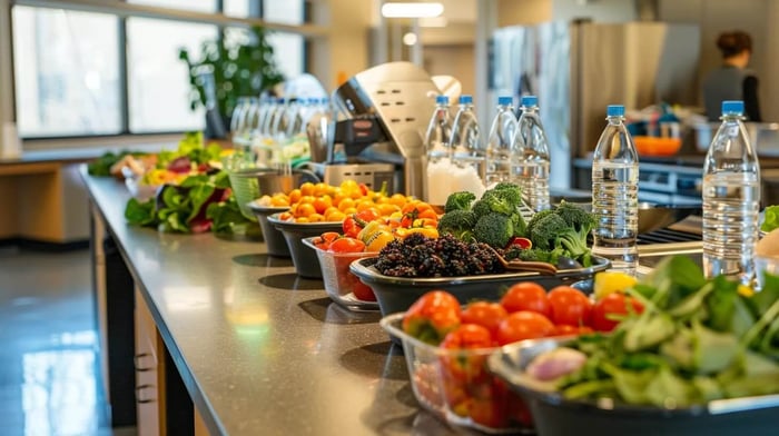 a vibrant, well-organized college kitchen filled with colorful, nutritious foods, including fresh fruits and vegetables, alongside sparkling water and mood-boosting snacks, illuminated by warm, natural light to evoke a sense of energy and well-being amidst a backdrop of busy student life.