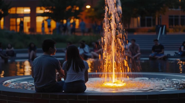 a serene college campus scene at dusk, featuring a diverse group of students engaged in deep conversation near a glowing fountain, symbolizing support and connection amidst the challenges of mental health.