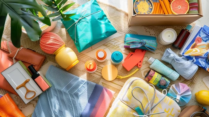 a beautifully arranged mental health care package, featuring vibrant, uplifting colors and elegant materials, showcases thoughtfully organized items designed to inspire positivity and convey heartfelt support.