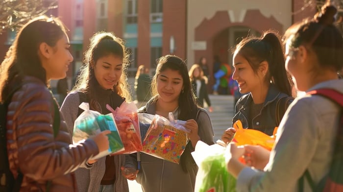a vibrant scene of diverse students joyfully exchanging colorful care packages in a sunlit school courtyard, embodying a spirit of community support and exam stress relief.