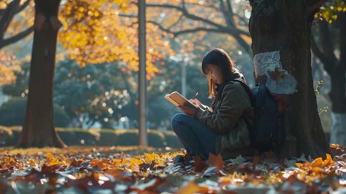 a serene college student sits under a lush tree, journaling thoughtfully while surrounded by vibrant autumn leaves, symbolizing the journey of self-monitoring mental health and adapting resources for emotional well-being.