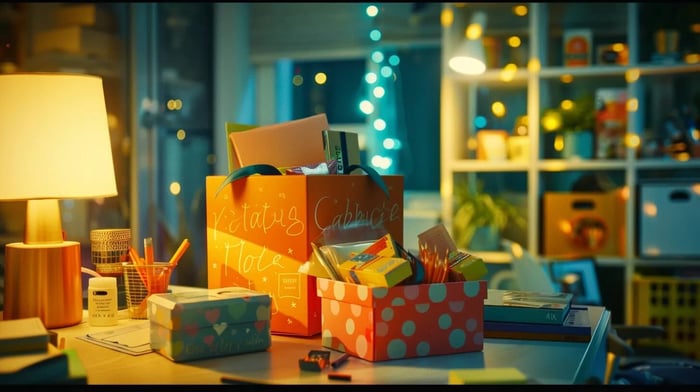 a vibrant, neatly arranged care package overflowing with colorful study essentials, comforting snacks, and heartfelt notes, set against a bright, inviting study space illuminated by soft, warm light.