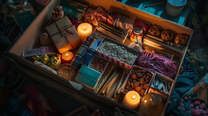 a beautifully arranged care package overflowing with vibrant snacks, calming relaxation items, and inspiring study aids, all bathed in warm, soothing natural light, conveys the essence of exam stress relief and empowerment for students.