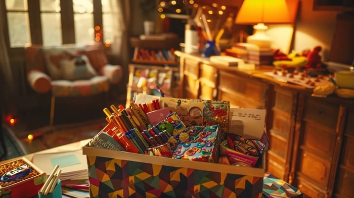 a vibrant, organized care package overflowing with colorful snacks, cozy essentials, and bright motivational notes, artfully arranged in a decorative container, set against a warm, inviting study space illuminated by soft, natural light.