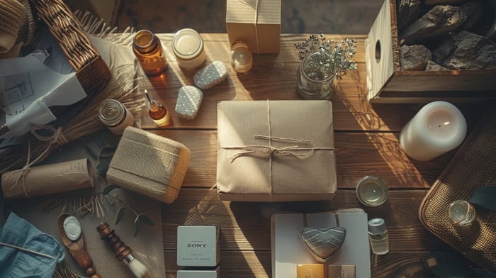 a beautifully arranged care package filled with soothing aromatherapy tools, soft relaxation masks, and comforting items, placed on a serene wooden surface with warm, natural lighting, symbolizing support and connection for mental well-being.