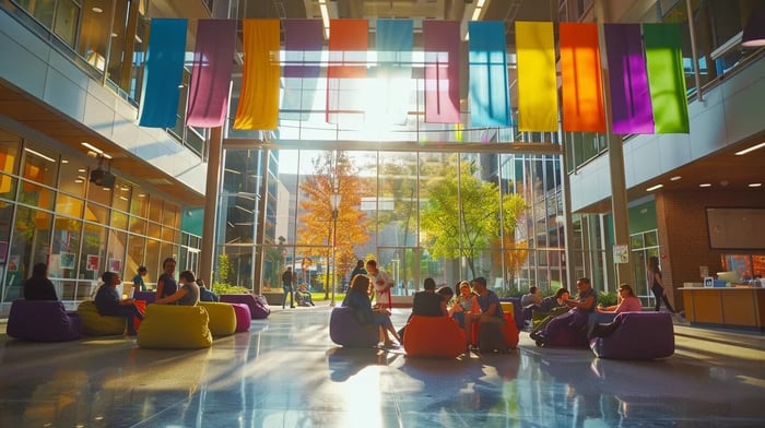 a vibrant campus scene featuring diverse students engaged in interactive mental wellness workshops, surrounded by colorful banners promoting mental health awareness and technology resources.