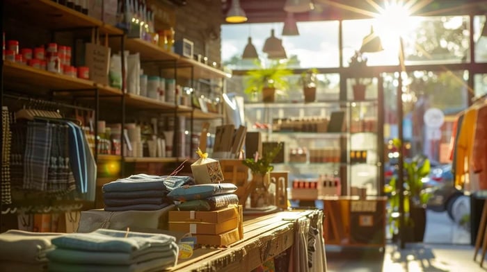 a vibrant shopping scene displays an organized array of budget-friendly items for care packages, emphasizing collaboration and savings with cheerful colors and sunlight streaming through the store windows.