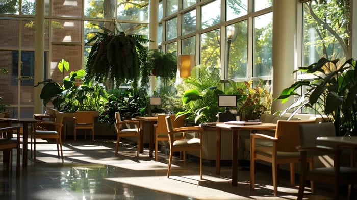 a serene study space bathed in soft, natural light, adorned with lush plants and cozy furnishings, reflects a harmonious atmosphere that encourages relaxation and focus for college students.