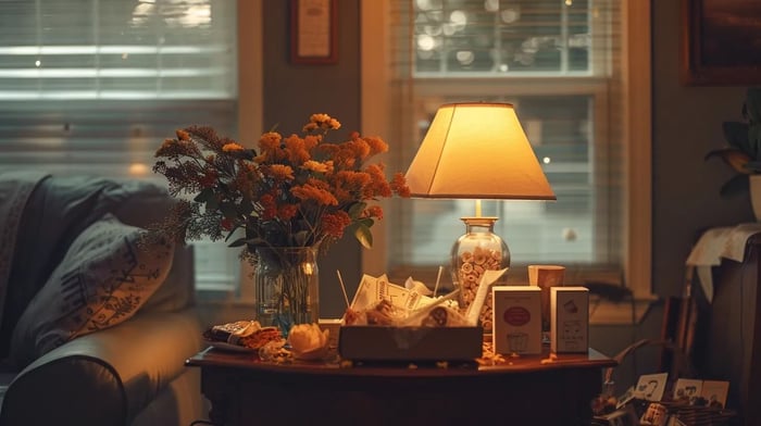 a warm, inviting scene captures a beautifully arranged care package filled with comforting snacks and heartfelt notes, radiating emotional support and connection during the exam season, all bathed in soft, natural lighting to enhance its comforting essence.