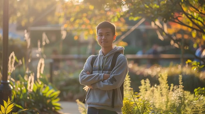 a determined college student stands confidently at the edge of a lush campus garden, bathed in warm sunlight, symbolizing the journey of overcoming mental health barriers and embracing the strength to seek help.