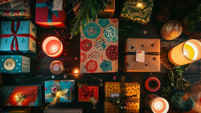 a vibrant collection of creatively themed college care packages, including a study survival kit, a comfort package, and a holiday-themed care package, arranged on a rustic wooden table, illuminated by soft, warm lighting that evokes a sense of warmth and support.