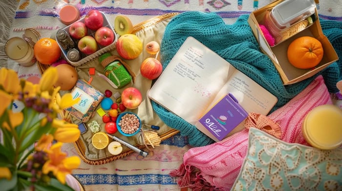 a vibrant arrangement of a mental health care package, featuring a beautifully designed journal, soothing relaxation accessories, colorful affirmation cards, and nutritious snacks, all set against a warm, inviting backdrop that emphasizes well-being and academic support.
