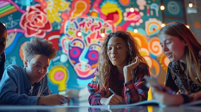 a vibrant digital collage showcases diverse students engaging with various mental health apps on their devices, surrounded by colorful graphics symbolizing support, guidance, and personal growth in mental wellness.