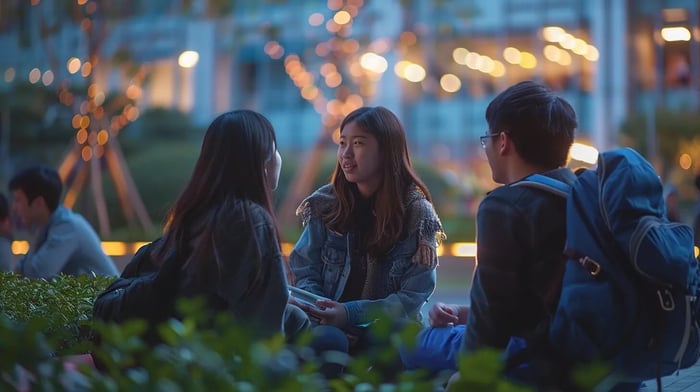 a serene campus setting at dusk, featuring a diverse group of students engaged in deep conversation under softly glowing lights, symbolizing supportive mental health resources and community connections.
