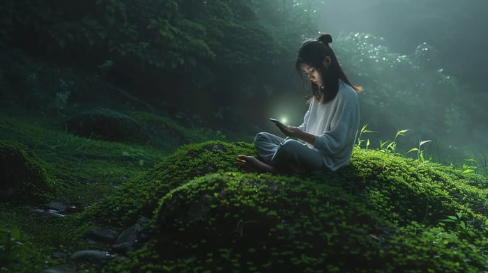 a serene student sitting cross-legged on a grassy hill, immersed in nature with a glowing smartphone in hand, embodies the fusion of technology and mental wellness, symbolizing the harmony between digital support and the need for professional care.