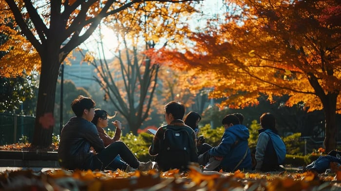 a serene college campus scene features students engaging in thoughtful discussions under vibrant autumn trees, symbolizing the vital support of mental health resources in fostering academic success and emotional well-being.