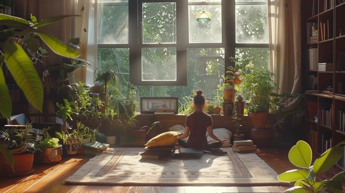 a serene study space bathed in soft morning light, featuring a student deeply engaged in meditation with a mental health app, surrounded by calming plants and open books, symbolizing wellness and focus amidst the pressures of academic life.