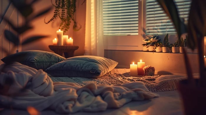 a serene and inviting corner of a cozy living space, adorned with plush cushions, soothing candles, and wellness products, embodying the essence of relaxation and self-care for stressed college students.