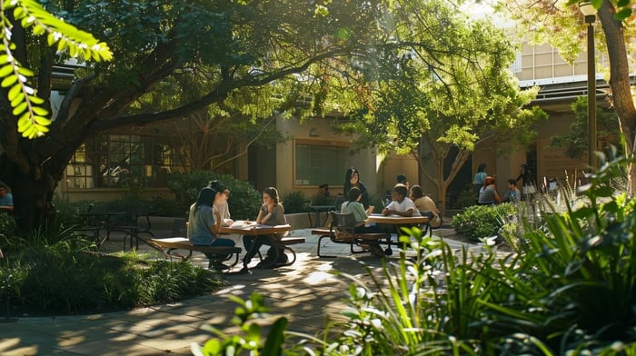 a serene college campus scene, featuring an inviting counseling center surrounded by lush greenery, where students engage in cozy group discussions and wellness workshops under soft, warm sunlight.