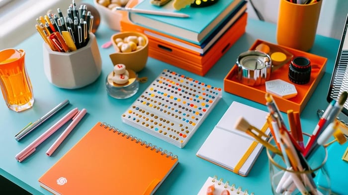 an inviting study space is elegantly arranged with vibrant notebooks, sleek pens, colorful technology accessories, and playful supplies like nail polish, all complemented by tasty snacks, creating a harmonious atmosphere for creativity and productivity.
