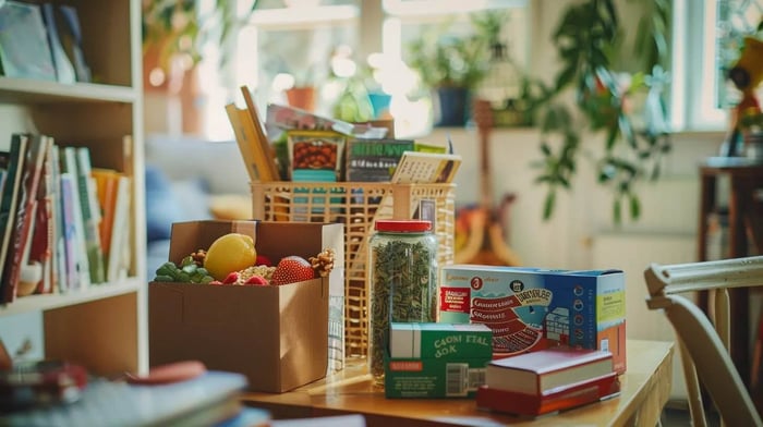 a thoughtfully arranged college care package blossoms with vibrant items reflecting individual interests, including comforting snacks, mental health resources, and playful surprises, evoking a sense of support and understanding in a cozy, well-lit study space.