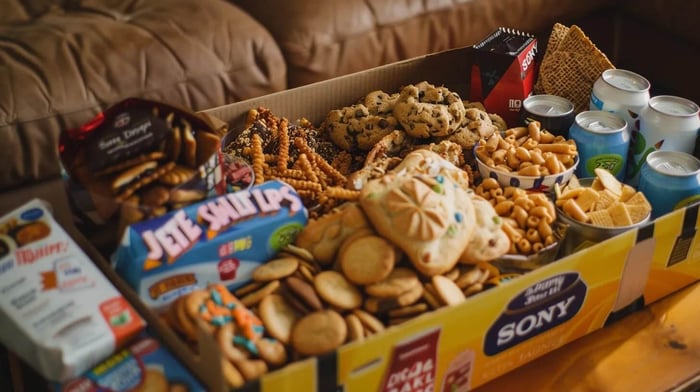 a vibrant care package overflowing with a delightful assortment of colorful snacks, including healthy cereals, rich chocolate chip cookies, and instant coffee, captures the essence of comfort and practicality for late-night study sessions in a cozy college setting.