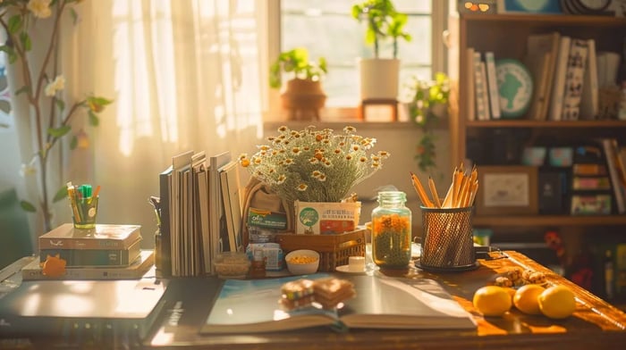 a vibrant and comforting care package overflowing with nutritious snacks and self-care items sits on a wooden desk, illuminated by warm, golden sunlight, symbolizing support and the positive impact on a student's academic journey.