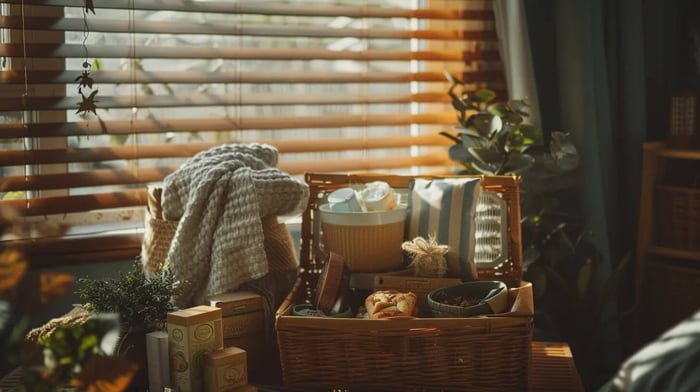 a beautifully arranged care package brimming with vibrant stress-relief items, set against a soft, natural light backdrop, inviting warmth and calmness in a cozy study nook.