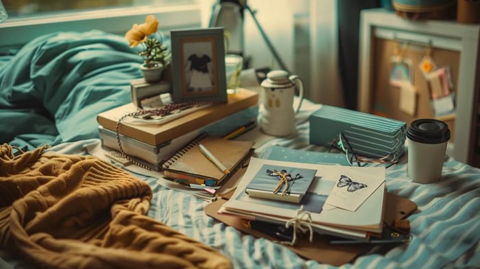 a beautifully arranged care package overflowing with personalized items such as nostalgic photos, handwritten notes, and customized gifts rests on a cozy, softly lit desk, evoking warmth and heartfelt connections.