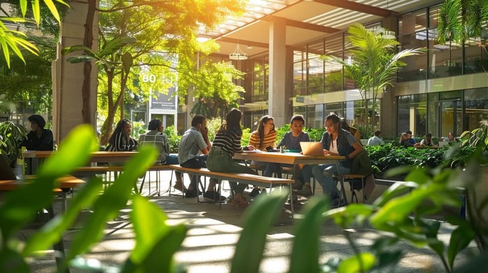 a vibrant campus setting showcases a diverse group of students engaged in a training session on mental health apps, surrounded by greenery and sunlight, symbolizing a supportive and empowering community.