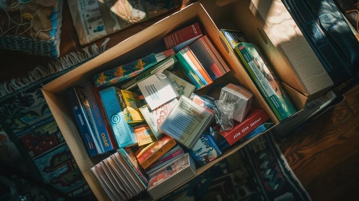 a thoughtfully arranged care package overflowing with colorful mental health resources, surrounded by soft natural light that symbolizes warmth and support, inviting deeper connection and dialogue.