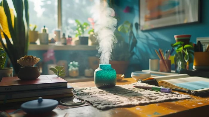 a serene study nook filled with vibrant self-care items, including a soothing aromatherapy diffuser emitting gentle wisps of essential oils, surrounded by open journals and art supplies, captures the essence of relaxation and creative expression for college students.