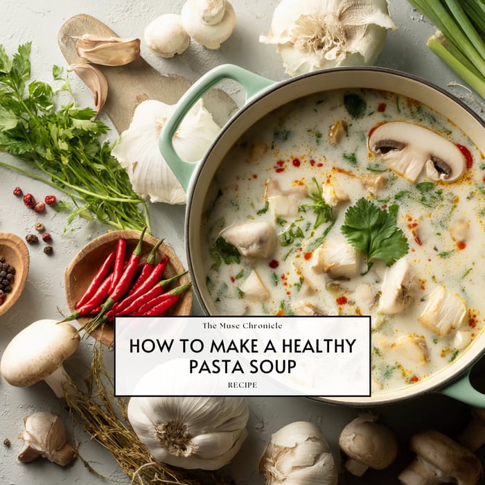 A bowl of healthy pasta soup filled with vegetables and herbs, symbolizing wholesome cooking and slow living.