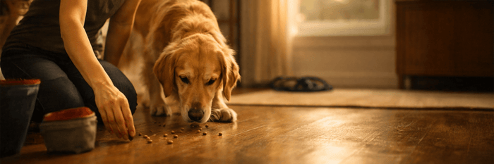 Golden retriever eating kibble while their human kneels close — a quiet TLAD moment at home.