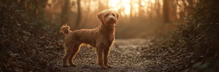 Rescue dog on forest trail at sunrise, symbolizing resilience and strength. Inspired by THiNK LiKE A DOG personal growth mindset