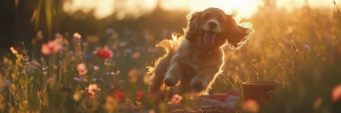 Cocker Spaniel playing in sunlit garden, full of joy and energy. Everyday happiness inspired by THiNK LiKE A DOG lifestyle