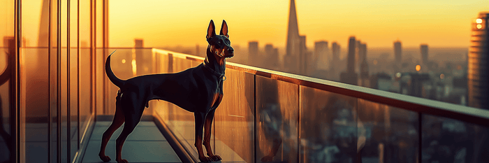 A sleek Doberman stands on a balcony at sunset, symbolizing resilience and joy of pet companionship—think like a dog apparel.