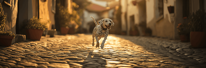 A joyful Dalmatian runs through a sunlit cobblestone street, radiating positivity, resilience, and the joy of pet companionship.